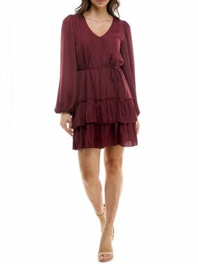 NWT Socialite Tiered Long Sleeve Satin Dress in Burgundy